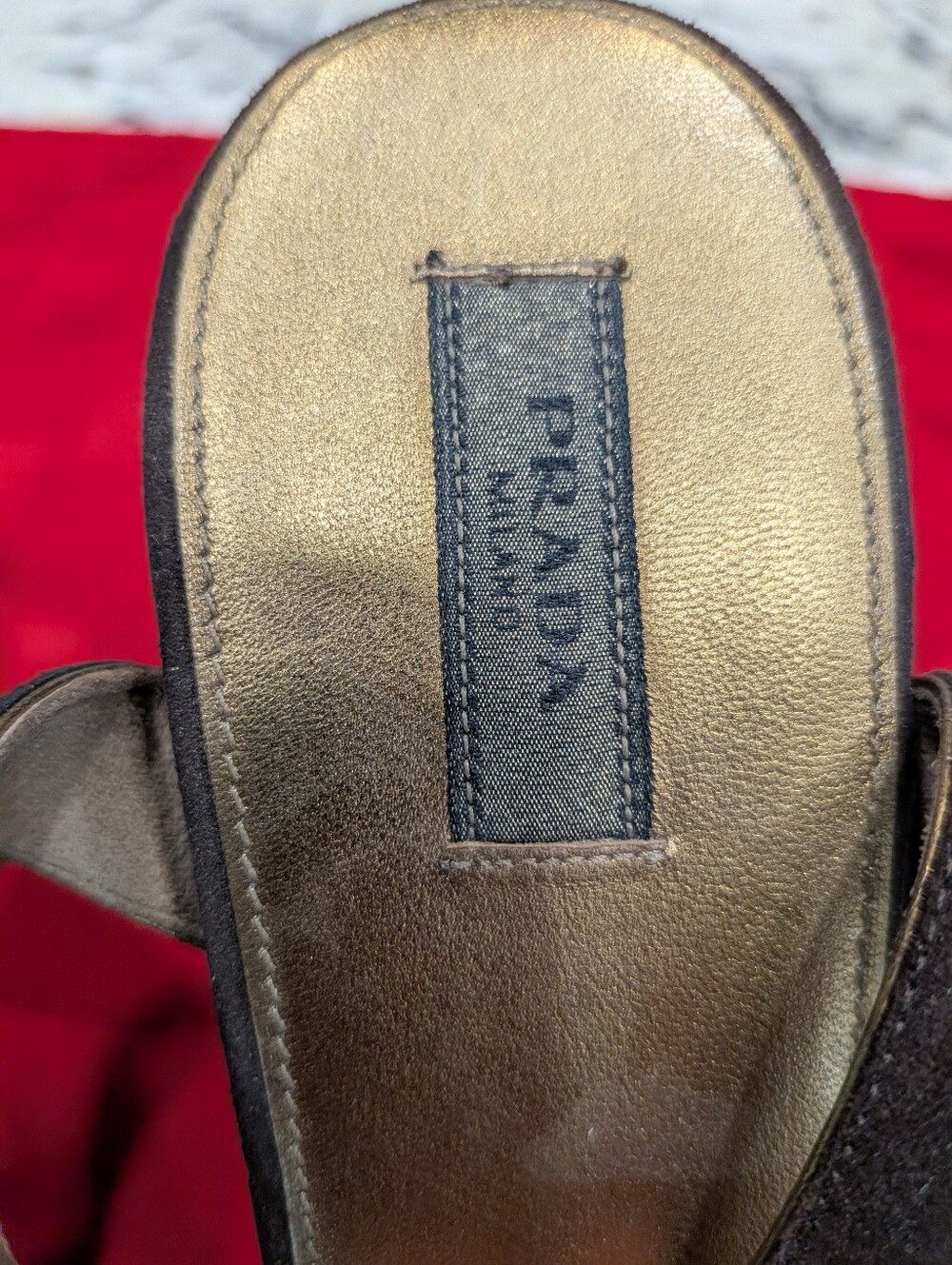 Prada Brown Suede Peep-Toe Ankle-Strap Heels with Gold Insole - Picture 10 of 10